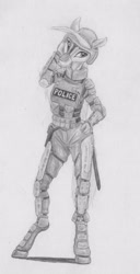 Size: 2174x4232 | Tagged: safe, artist:joestick, oc, oc only, earth pony, anthro, unguligrade anthro, armor, female, helmet, knee pads, mask, monochrome, police, police pony, pouch, swat, traditional art