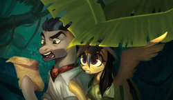 Size: 1800x1045 | Tagged: safe, artist:switchsugar, daring do, doctor caballeron, earth pony, pegasus, pony, g4, ascot tie, clothes, digital painting, hat, jungle, leaf, map, pith helmet, shirt