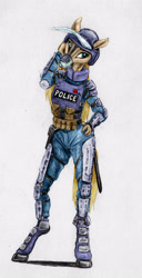 Size: 2174x4232 | Tagged: safe, artist:joestick, editor:vedont, oc, oc only, earth pony, anthro, unguligrade anthro, armor, colored, female, helmet, knee pads, mask, police, police pony, pouch, swat
