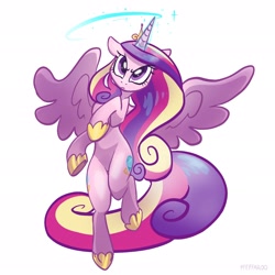 Size: 2048x2048 | Tagged: safe, artist:pfeffaroo, princess cadance, alicorn, pony, g4, action pose, female, floppy ears, frown, glowing horn, high res, horn, looking at you, magic, mare, simple background, solo, spread wings, white background, wings