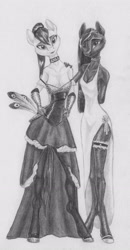 Size: 2222x4268 | Tagged: safe, artist:joestick, oc, oc only, earth pony, anthro, accessory, choker, clothes, female, gloves, monochrome, peacock feathers, socks, stockings, thigh highs, traditional art