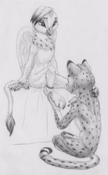 Size: 2660x4329 | Tagged: safe, artist:joestick, oc, oc only, cheetah, griffon, anthro, digitigrade anthro, anklet, female, furry, male, monochrome, nail polish, sitting on bed, traditional art, wings