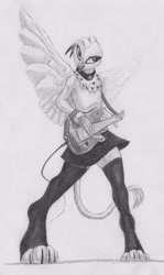Size: 2728x4586 | Tagged: safe, artist:joestick, oc, oc only, griffon, anthro, clothes, electric guitar, female, guitar, monochrome, musical instrument, socks, spread wings, stockings, thigh highs, traditional art, wings