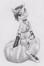Size: 1886x2788 | Tagged: safe, artist:joestick, oc, oc only, earth pony, pony, semi-anthro, bondage harness, clothes, collar, female, gloves, harness, looking at you, monochrome, sitting, stockings, thigh highs, traditional art
