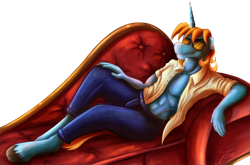 Size: 1500x989 | Tagged: safe, artist:jamescorck, oc, oc only, unicorn, anthro, unguligrade anthro, clothes, couch, digital art, male, pants, sitting, solo, sunglasses
