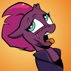 Size: 3000x3000 | Tagged: safe, artist:andy price, artist:shadowblazearts, edit, idw, tempest shadow, pony, unicorn, g4, broken horn, clothes, disgusted, female, gradient background, high res, horn, solo, tongue out