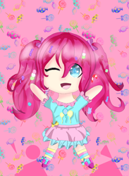 Size: 2996x4096 | Tagged: safe, artist:flatterslay, pinkie pie, human, g4, candy, chibi, female, food, humanized, jumping, one eye closed, solo, wink