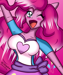 Size: 2296x2716 | Tagged: safe, artist:cosmiccutie01, pinkie pie, equestria girls, g4, beautiful eyes, beautiful hair, breasts, busty pinkie pie, female, high res, one eye closed, open mouth, ponied up, solo, wink