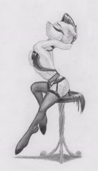 Size: 2015x3508 | Tagged: safe, artist:joestick, oc, oc only, earth pony, pony, choker, clothes, female, high res, monochrome, sitting, socks, stockings, stool, thigh highs, traditional art