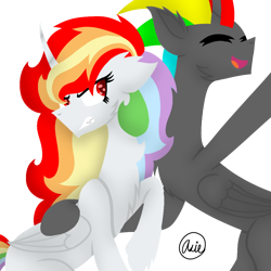 Size: 1000x1000 | Tagged: safe, artist:asiandra dash, oc, oc only, oc:rainbowrio, oc:rainbowstorm, alicorn, pony, alicorn oc, annoyed, gritted teeth, happy, horn, open mouth, simple background, transparent background, wings
