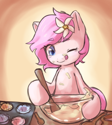 Size: 2654x2953 | Tagged: safe, artist:aquoquoo, oc, oc only, oc:kayla, earth pony, pony, baking, batter, earth pony oc, female, filly, foal, food, high res, solo