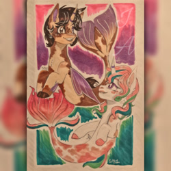Size: 750x750 | Tagged: safe, artist:jdash15, oc, oc only, alicorn, pony, seapony (g4), brown eyes, dorsal fin, fin wings, fins, fish tail, flowing tail, horn, looking at each other, purple eyes, seaponified, signature, smiling, species swap, tail, teeth, underwater, wings