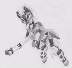 Size: 2926x2771 | Tagged: safe, artist:joestick, oc, oc only, oc:arcalia, earth pony, pony, clothes, coat markings, female, high res, hoodie, monochrome, pencil drawing, shoes, traditional art
