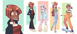 Size: 1280x565 | Tagged: safe, artist:galaxiedream, apple bloom, babs seed, scootaloo, sweetie belle, human, g4, alternate hairstyle, backwards ballcap, baseball cap, belt, blushing, boots, cap, clothes, converse, cutie mark crusaders, dark skin, ear piercing, earring, female, fishnet stockings, freckles, glasses, grin, hat, humanized, jacket, jeans, jewelry, leather jacket, leg warmers, older, older apple bloom, older babs seed, older cmc, older scootaloo, older sweetie belle, overalls, pants, piercing, scooter, shirt, shoes, smiling, sneakers, stockings, thigh highs