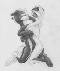 Size: 2892x3424 | Tagged: safe, artist:joestick, oc, oc only, oc:arcalia, oc:kass, earth pony, pony, brother and sister, coat markings, embrace, female, high res, hug, incest, kissing, male, monochrome, pencil drawing, siblings, socks (coat markings), traditional art