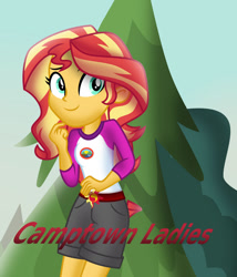 Size: 1024x1194 | Tagged: safe, artist:emeraldblast63, sunset shimmer, equestria girls, g4, my little pony equestria girls: legend of everfree, belt, camp everfree outfits, cyoa, female, happy, outdoors, smiling, solo, sunlight, tree, turquoise eyes, two toned hair, yellow skin