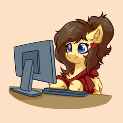 Size: 4000x4000 | Tagged: safe, artist:witchtaunter, oc, oc only, oc:retro hearts, pegasus, pony, absurd resolution, chest fluff, clothes, computer, ear fluff, ear piercing, female, hoodie, keyboard, piercing, simple background, smiling, solo