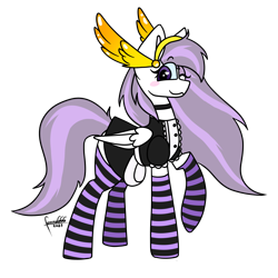 Size: 2700x2700 | Tagged: safe, artist:foxxo666, oc, oc only, oc:athena (shawn keller), pegasus, pony, guardians of pondonia, clothes, female, high res, looking at you, maid, mare, one eye closed, pegasus oc, slender, smiling, smiling at you, socks, solo, stockings, striped socks, thigh highs, thin, wink, winking at you