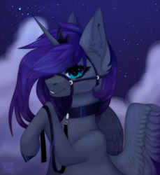 Size: 1800x1968 | Tagged: safe, artist:elektra-gertly, princess luna, alicorn, pony, g4, bridle, collar, ear fluff, female, heart eyes, leash, looking at you, mare, pet play, raised hoof, smiling, solo, tack, wingding eyes