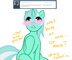 Size: 1080x900 | Tagged: safe, artist:azure-doodle, lyra heartstrings, pony, unicorn, g4, ask, blushing, looking up, sexually confused lyra, solo, tumblr