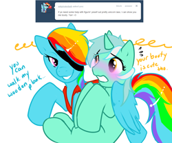 Size: 1080x900 | Tagged: safe, artist:azure-doodle, lyra heartstrings, rainbow dash, pony, g4, ask, blushing, pirate dash, sexually confused lyra, tumblr