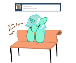 Size: 1080x900 | Tagged: safe, artist:azure-doodle, lyra heartstrings, pony, unicorn, g4, ask, bench, eyes closed, sexually confused lyra, solo, tumblr