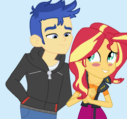 Size: 556x521 | Tagged: safe, artist:harmonyguard, flash sentry, sunset shimmer, equestria girls, g4, blush sticker, blushing, female, grin, looking at each other, male, ship:flashimmer, shipping, smiling, smiling at each other, straight