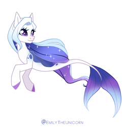 Size: 1536x1536 | Tagged: safe, artist:x-emilytheunicorn-x, oc, oc only, seapony (g4), colored pupils, eyelashes, female, flowing mane, flowing tail, multicolored hair, purple eyes, simple background, smiling, solo, sparkles, tail, white background