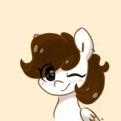 Size: 640x640 | Tagged: artist needed, safe, oc, oc only, oc:flama, pegasus, pony, blushing, dark eyes, eye clipping through hair, looking at you, one eye closed, pegasus oc, piercing, simple background, smiling, smiling at you, solo, white fur, wink, winking at you