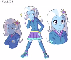 Size: 2080x1758 | Tagged: safe, artist:beefgummies, trixie, equestria girls, g4, blushing, clothes, crossed arms, dreamworks face, eyebrow wiggle, hairpin, hand on hip, hoodie, jacket, kneesocks, looking up, pouting, skirt, smug, socks, sparkles, surprised, teeth