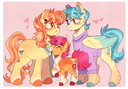 Size: 1468x1024 | Tagged: safe, artist:wanderingpegasus, aunt holiday, auntie lofty, scootaloo, earth pony, pegasus, pony, g4, aunt and niece, blaze (coat marking), blushing, cheek fluff, chest fluff, clothes, coat markings, colored wings, ear fluff, facial markings, female, filly, freckles, happy, heart, hoof fluff, lesbian, looking at each other, mare, married couple, married life, multicolored wings, open mouth, pale belly, raised hoof, scarf, ship:lofty day, shipping, smiling, socks (coat markings), sweater, unshorn fetlocks, wholesome, wings