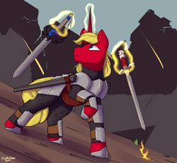 Size: 2000x1845 | Tagged: safe, artist:flashnoteart, oc, oc only, oc:steel prism, pony, unicorn, ponyfinder, armor, arrow, chainmail, colored pupils, dungeons and dragons, eyepatch, fire, glowing horn, hoof shoes, horn, levitation, magic, male, pen and paper rpg, raised hoof, rpg, signature, solo, stallion, sword, telekinesis, weapon