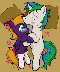 Size: 1920x2294 | Tagged: safe, artist:alexdti, oc, oc only, oc:purple creativity, oc:star logic, pegasus, pony, unicorn, blushing, bow, clothes, crossdressing, eyes closed, femboy, floating heart, gay, glasses, hair bow, heart, high res, kissing, male, male oc, no eyelashes, open mouth, open smile, shipping, size difference, smiling, smol, socks, stallion, striped socks, trap