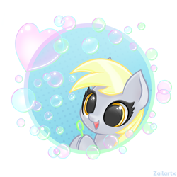 Size: 1764x1765 | Tagged: safe, artist:zailartx, derpy hooves, pegasus, pony, g4, bubble, bubble wand, bust, cute, derpabetes, female, heart, hoof hold, mare, open mouth, open smile, portrait, smiling, solo