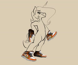Size: 3000x2500 | Tagged: safe, artist:sile-animus, oc, oc only, oc:sile, pony, unicorn, among us, bipedal, drip, eyebrows, eyebrows visible through hair, high res, horn, male, meme, shoes, simple background, sneakers, solo, stallion, standing on two hooves, terrible, unicorn oc