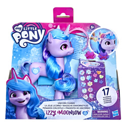 Size: 2000x2000 | Tagged: safe, izzy moonbow, pony, unicorn, g5, official, barette, brushable, comb, crystal, female, flower, hasbro logo, headband, heart, high res, mare, merchandise, my little pony logo, packaging, toy, unicorn charms izzy moonbow