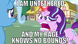 Size: 1920x1080 | Tagged: safe, edit, edited screencap, screencap, starlight glimmer, trixie, pony, unicorn, all bottled up, g4, season 7, angry, caption, duo, duo female, faic, female, frown, image macro, it's always sunny in philadelphia, looking at each other, mare, meme, open mouth, ragelight glimmer, text, vein, vein bulge