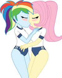 Size: 1200x1510 | Tagged: safe, artist:charliexe, artist:wolf, artist:yaya54320bases, fluttershy, rainbow dash, human, equestria girls, g4, base used, blushing, breasts, buruma, clothes, duo, eyes closed, female, gym shorts, gym uniform, kiss on the lips, kissing, lesbian, ponytail, reupload, ship:flutterdash, shipping, shirt, simple background, sports outfit, sports panties, t-shirt, white background