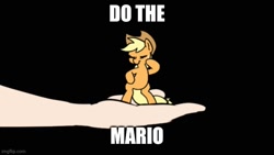 Size: 666x375 | Tagged: safe, artist:doublewbrothers, edit, applejack, oc, oc:anon, earth pony, human, pony, g4, bipedal, black background, dancing, do the mario, eyes closed, female, hand, mare, meme, micro, offscreen character, simple background, solo focus, song in the comments, song reference, super mario bros., the super mario bros. super show!