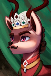 Size: 1213x1792 | Tagged: safe, artist:mrscroup, oc, oc:mahaan ghanusson, deer, equestria at war mod, antlers, bust, clothes, crown, deer oc, ear fluff, facial hair, jewelry, moustache, portrait, regalia, solo