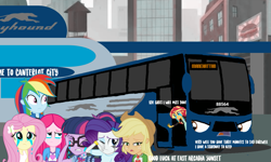 Size: 1199x720 | Tagged: safe, artist:electrahybrida, derpibooru exclusive, applejack, fluttershy, pinkie pie, rainbow dash, rarity, sci-twi, sunset shimmer, twilight sparkle, oc, oc:greyson the greyhound bus, equestria girls, g4, 1000 hours in ms paint, bus, bus station, crying, female, goodbye, greyhound, humane five, humane seven, humane six, sad, series finale, series finale blues, tears of sadness, teary eyes, the end of equestria girls