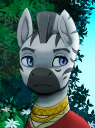 Size: 1000x1351 | Tagged: safe, artist:mrscroup, oc, zebra, equestria at war mod, bags under eyes, bust, clothes, ear fluff, jewelry, male, portrait, solo, tired, zebra oc
