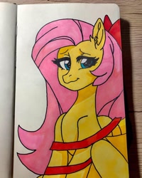 Size: 1080x1350 | Tagged: safe, artist:sunset_cake, fluttershy, pegasus, pony, g4, bow, female, hair bow, mare, simple background, solo, traditional art, wavy mouth, white background