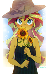 Size: 2250x3371 | Tagged: safe, artist:fuyugi, sunset shimmer, human, equestria girls, g4, bare shoulders, blush sticker, blushing, bow, clothes, commission, cottagecore, covering mouth, cute, dress, eyelashes, female, flower, hat, high res, looking at you, shimmerbetes, sleeveless, solo, sun hat, sunflower, weapons-grade cute, white pupils
