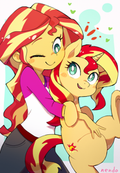 Size: 2254x3242 | Tagged: safe, artist:fuyugi, sunset shimmer, human, pony, unicorn, equestria girls, g4, blushing, camp everfree outfits, carrying, clothes, cute, duo, female, happy, heart, high res, hugging a pony, human ponidox, looking at each other, mare, one eye closed, open mouth, open smile, self ponidox, shimmerbetes, smiling, smiling at each other, white pupils, wink