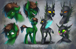 Size: 2000x1286 | Tagged: safe, artist:limreiart, oc, oc:deserto heart, changeling, earth pony, pony, fanfic:castle of glass, blushing, changeling oc, facial expressions, fangs, illustration, simple background