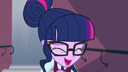 Size: 1280x720 | Tagged: safe, screencap, sci-twi, twilight sparkle, equestria girls, g4, my little pony equestria girls: friendship games, eyes closed, female, glasses, ponytail, singing, solo, what more is out there