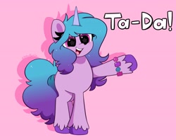Size: 4096x3248 | Tagged: safe, artist:kittyrosie, izzy moonbow, pony, unicorn, g5, blushing, bracelet, cute, female, high res, izzybetes, jewelry, mare, open mouth, open smile, pink background, scene interpretation, simple background, smiling, solo, starry eyes, ta-da!, wingding eyes