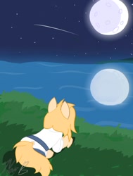 Size: 692x913 | Tagged: safe, artist:noir-b, oc, oc only, oc:jackie spectre, earth pony, pony, clothes, earth pony oc, female, lying down, mare, moon, night, ocean, prone, rear view, solo, tail, tail hole, water