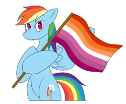 Size: 1280x1056 | Tagged: safe, artist:pokeshadow, rainbow dash, pegasus, pony, g4, bipedal, fanart, female, flag, headcanon, holding a flag, lesbian flag, lesbian pride flag, lgbt headcanon, looking at you, no pupils, pride, pride flag, pride month, simple background, solo, spread wings, standing upright, white background, wings
